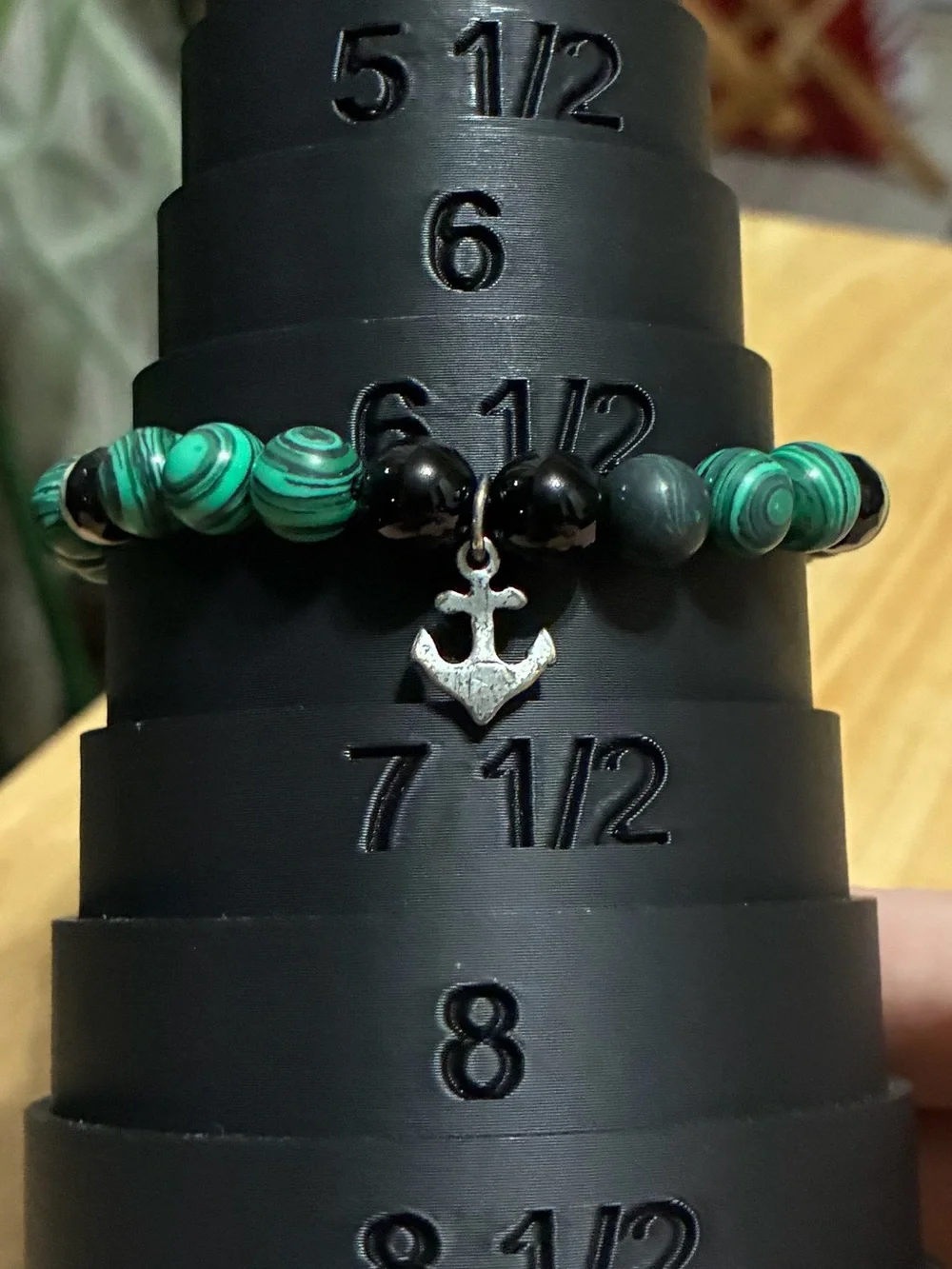 Steve Madden Malachite & Black Onyx Bead Anchor Charm Adjustable Bracelet